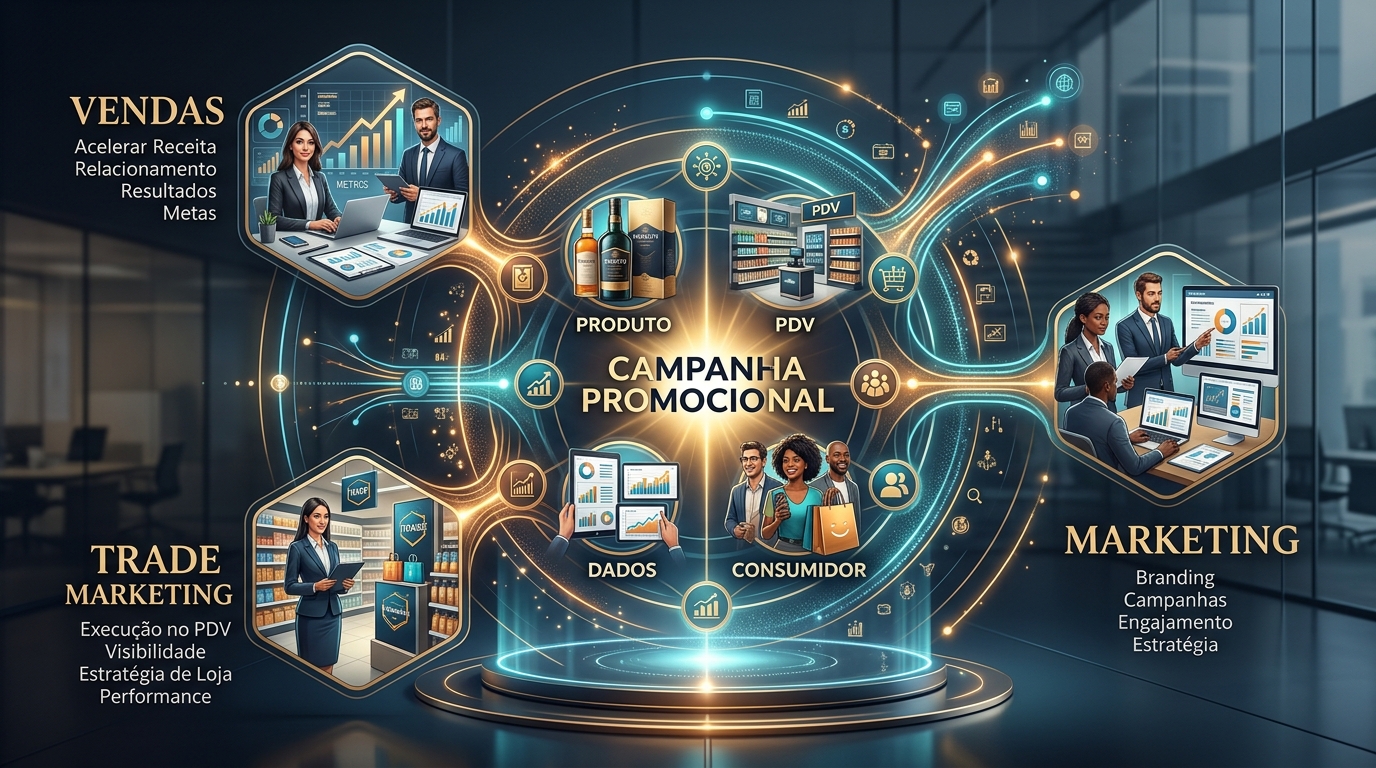Integração entre vendas, trade marketing e marketing em uma campanha promocional.