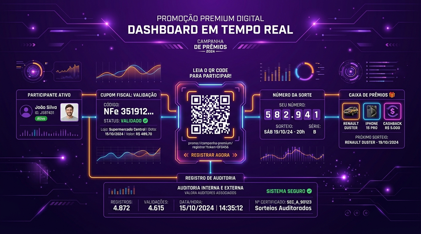 Fluxo de rastreabilidade com participante, QR Code, número da sorte, validação e prêmio em campanha promocional.