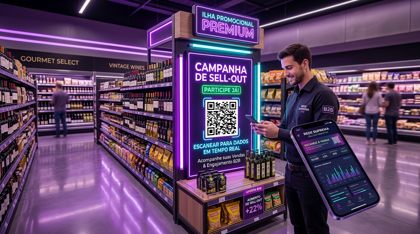 Campanha de trade marketing com exposição de produtos, QR Code e acompanhamento de sell-out.