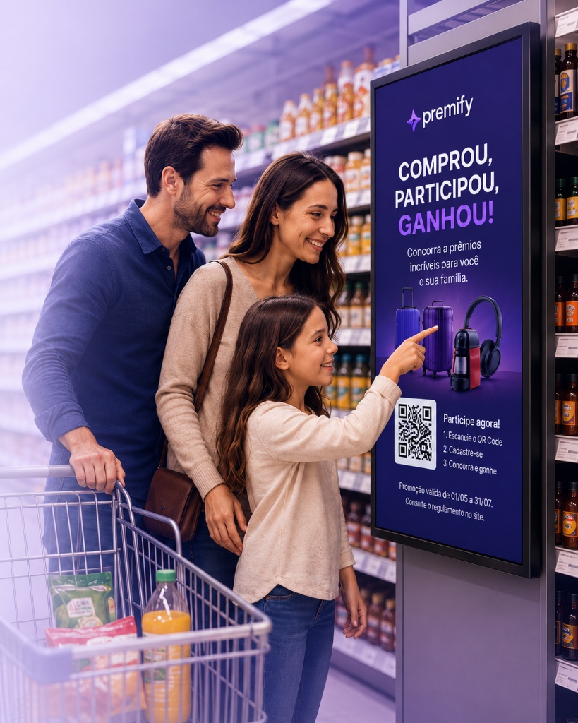 Família interagindo com totem promocional Premify